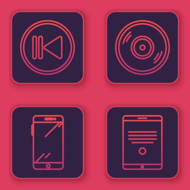 Hattı geri sarın, akıllı telefon, cep telefonu, vinil disk ve tablet ayarlayın. Mavi kare düğme. Vektör