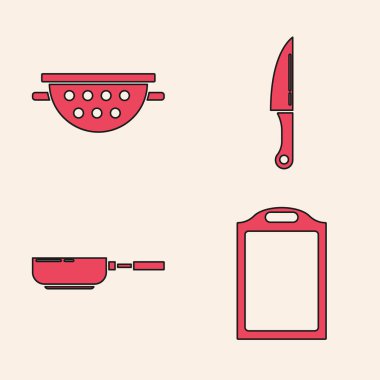 Kesme tahtası, mutfak süzgeci, bıçak ve tava simgesi. Vektör
