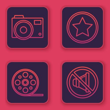 Foto kamera, film makarası, yıldız ve hoparlör ayarlayın. Mavi kare düğme. Vektör