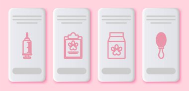 Şırıngayı evcil hayvan aşısıyla, panoyu tıbbi kayıt evcil hayvanıyla, yemek çantasını ve köpek ve kedi için saç fırçasını hazırla. Beyaz dikdörtgen düğme. Vektör