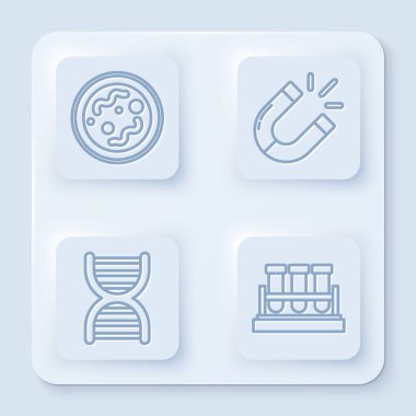 Bakteri, mıknatıs, DNA sembolü, test tüpü ve matara kimyasalı hazırlayın. Beyaz kare düğme. Vektör