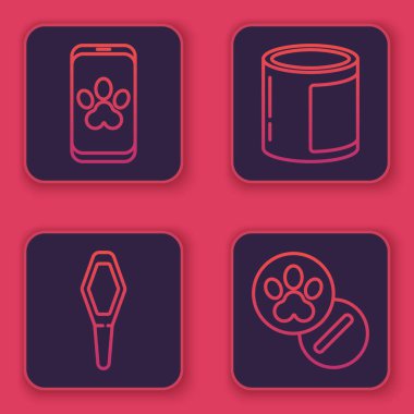 Çevrimiçi veteriner kliniği sembolü, evcil hayvan şişesi tıbbi, konserve yiyecek, köpek ve haplar. Mavi kare düğme. Vektör