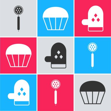 Süzgeç kaşığı, Kek ve Fırın eldiven ikonunu hazırla. Vektör