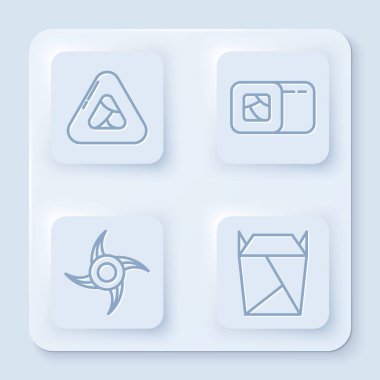 Set hattı Suşi, Suşi, Japon Ninja Shuriken ve Restoran açıldı. Paket dolu. Beyaz kare düğme. Vektör