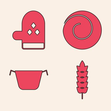 Mısır gevreğini pilav, buğday, mısır, yulaf, çavdar, fırın eldiveni tarçınlı çörek ve tencere ikonu ile hazırla. Vektör