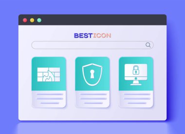 Kalkanı anahtar deliği, Firewall, güvenlik duvarı ve Lock 'u bilgisayar ekranı simgesine ayarla. Vektör