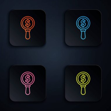 Renkli neon çizgisi büyüteç ve dolar sembolü siyah arkaplanda izole edilmiş. Para bul. Para arıyorum. Kare düğmelere simgeleri yerleştir. Vektör İllüstrasyonu