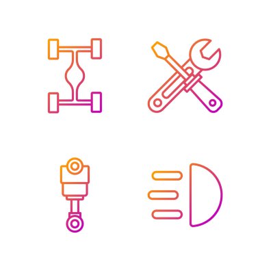 Hat yüksek kiriş, motor pistonu, Chassis arabası, tornavida ve anahtar aletlerini ayarlayın. Renk simgeleri. Vektör