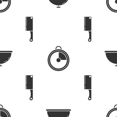 Bir tepsi yiyecek, mutfak zamanlayıcısı ve et helikopteri ile kaplanmış. Vektör