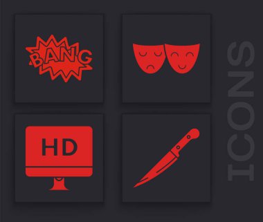 Set Knife, Bang boom metin balonu, komedi ve trajedi teatral maskeler ve Hd video teknolojisi ikonlu bilgisayar bilgisayarı monitörü. Vektör