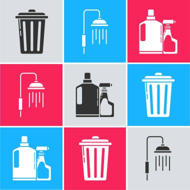 Çöp tenekesini, su damlası akan duş başlığını ve sıvı bulaşık ikonu için plastik şişeleri ayarlayın. Vektör