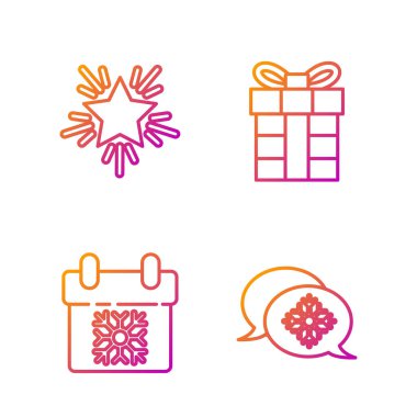 Konuşma baloncuklu Kar Tanesi, Takvim, Noel yıldızı ve hediye kutusu. Renk simgeleri. Vektör