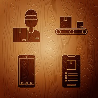 Uygulama dağıtım takibi ile cep telefonunu, karton kutularla teslimatçıyı, uygulama teslimat takibi ile cep telefonunu ve tahta arka planda mukavva kutulu taşıyıcı kayışı ayarla. Vektör