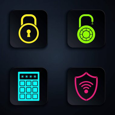 Shield 'ı Wifi kablosuz internet ağı, Lock, şifre koruması, güvenlik erişimi ve güvenlik kilidi tekerleği ile ayarla. Siyah kare düğme. Vektör