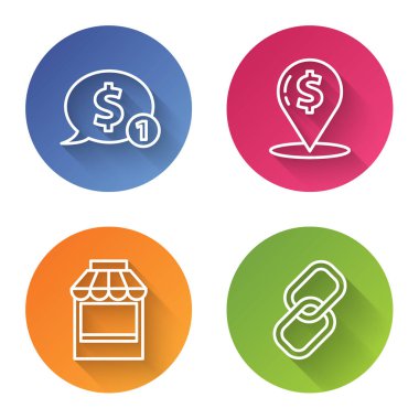 Dolarlı konuşma baloncuğu, nakit lokasyon şifresi, alışveriş binası ya da market zinciri ve zincir bağlantısını ayarla. Renkli daire düğmesi. Vektör