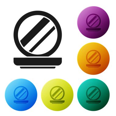 Beyaz zemin üzerinde ayna simgesi olan siyah makyaj tozu. Renkli daire düğmelerini ayarlayın. Vektör İllüstrasyonu