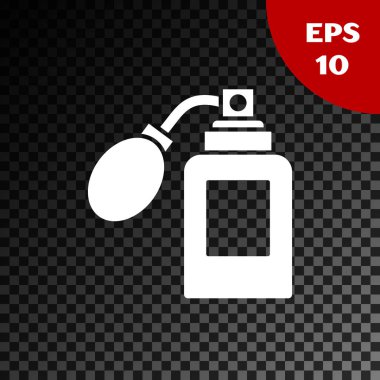 Atom simgesi olan beyaz tıraş losyonu şişesi şeffaf koyu arkaplanda. Parfüm spreyi ikonu. Erkek parfüm şişesi. Vektör İllüstrasyonu