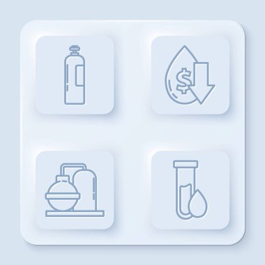 Endüstriyel gaz tankı, ham petrol fiyatlarında düşüş, petrol ve gaz endüstrisi fabrikası binası ve petrol test tüpü. Beyaz kare düğme. Vektör
