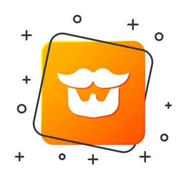 Beyaz bıyık ve sakal simgesi beyaz arka plan üzerinde izole. Berber dükkanı sembolü. Yüz saç stili. Turuncu kare düğme. Vektör İllüstrasyonu