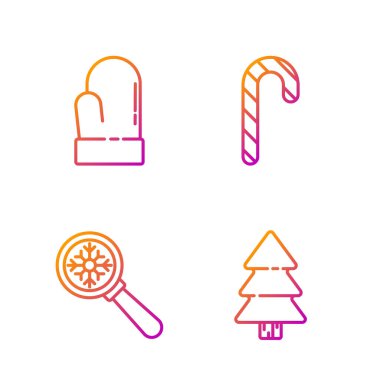 Sabit bir Noel ağacı, kar taneli büyüteç, Noel eldiveni ve çizgili Noel şekeri kamışı. Renk simgeleri. Vektör