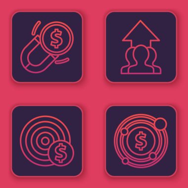 Paralı mıknatıs, dolar sembollü hedef, büyüme grafiği ve kalabalık içinde ilerleme ve dolar sembollü hedef. Mavi kare düğme. Vektör