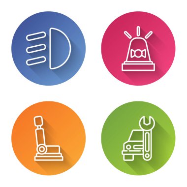 Hattı yüksek tut, siren çal, araba koltuğu ve araba servisi. Renkli daire düğmesi. Vektör