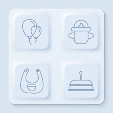 Şeritli çizgi balonlar, bebek şişesi, yanan mumlu bebek önlüğü ve kek. Beyaz kare düğme. Vektör