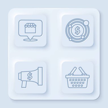 Set line Online alışveriş konsepti dolar sembollü hedef, megafon, dolar ve alışveriş septi. Beyaz kare düğme. Vektör