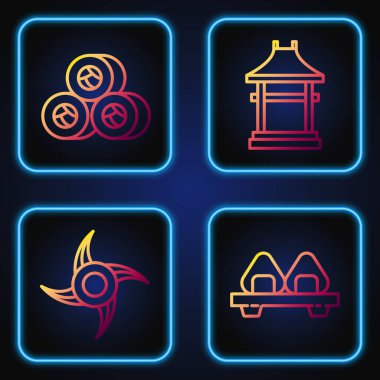 Kesme tahtası, Japon Ninja Shuriken, Suşi ve Japon Kapısı 'na hat kurun. Renk simgeleri. Vektör