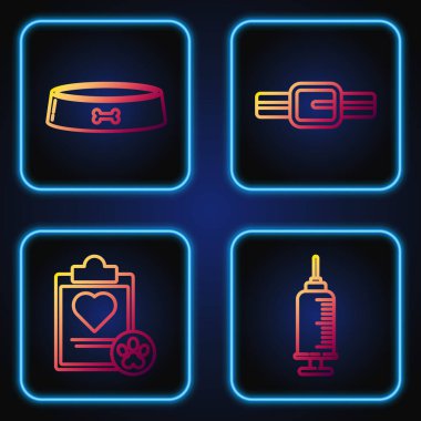 Şırıngayı evcil hayvan aşısıyla, panoyu tıbbi kayıt evcil hayvanıyla evcil hayvan kasesi ve yaka etiketli tasmayla ayarla. Renk simgeleri. Vektör