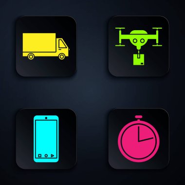 Kronometreyi, kargo kamyonunu, cep telefonunu uygulama teslimat takibi ve teslimat dronunu paketle. Siyah kare düğme. Vektör