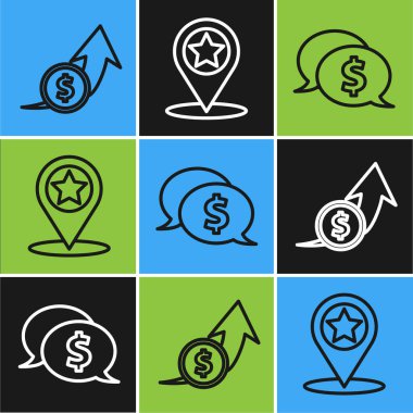 Finansal büyüme ve madeni para, dolar ile konuşma balonu ve yıldız ikonu ile harita işaretleyici ayarlayın. Vektör