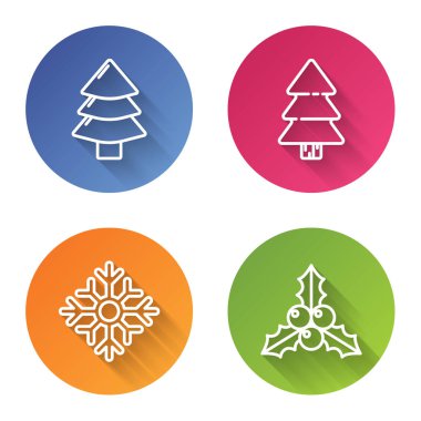 Sabit bir Noel ağacı, Noel ağacı, Kar Tanesi ve Dallı Viburum veya guelder gülü. Renkli daire düğmesi. Vektör