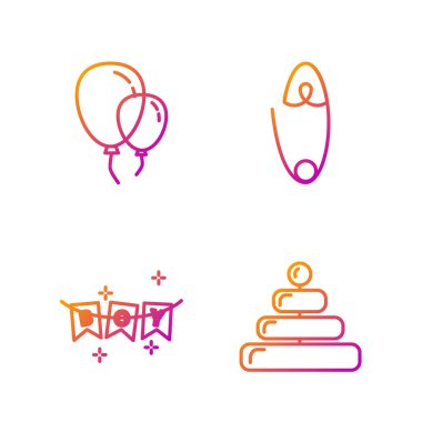 Piramit oyuncağı, bayraklı karnaval çelengi, kurdeleli balonlar ve klasik çelik güvenlik iğnesi. Renk simgeleri. Vektör