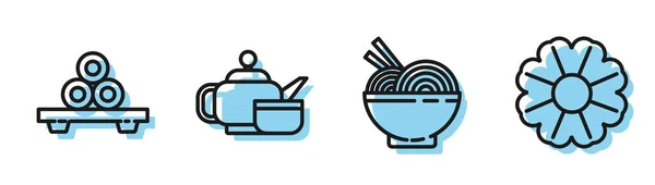 Asiatische Nudeln Schüssel Und Essstäbchen Sushi Auf Schneidebrett Japanische Teezeremonie — Stockvektor