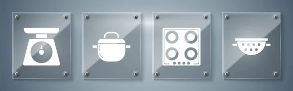 Set Escurridor Cocina Estufa Gas Olla Cocción Básculas Paneles Cuadrados — Vector de stock