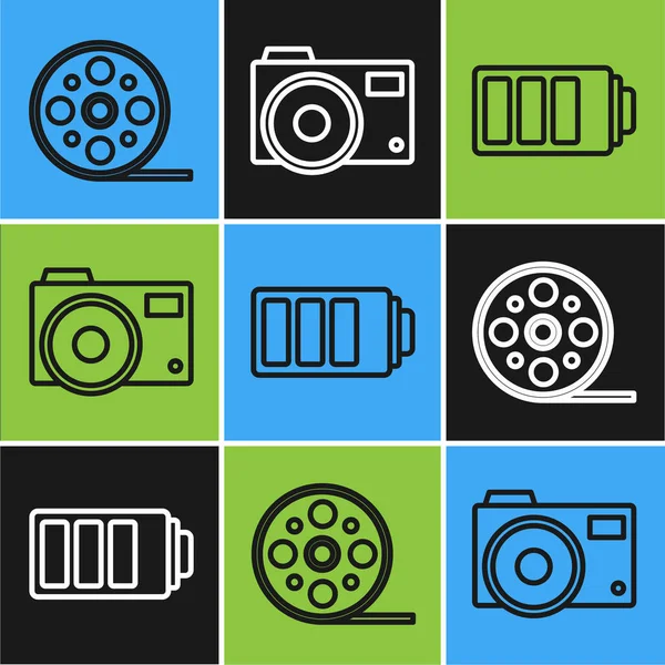 Set Line Filmspule Batterieladestandsanzeige Und Fotokamera Symbol Vektor — Stockvektor