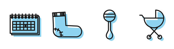 Установить линию Rattle baby toy, Calendar, Baby socks clothes and Baby stroller icon. Вектор
