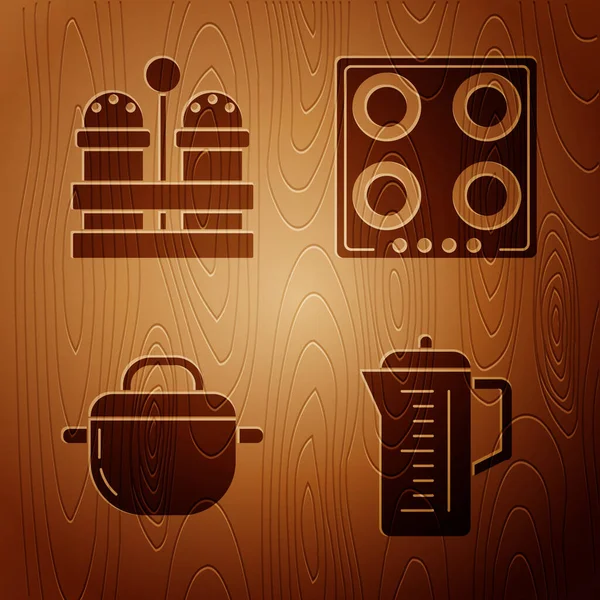 Set Teapot Salt Pepper Cooking Pot Gas Stove Wooden Background — Stock Vector