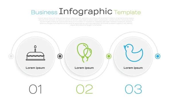 Set Line Cake Burning Candles Balloons Ribbon Rubber Duck Business — Stock Vector