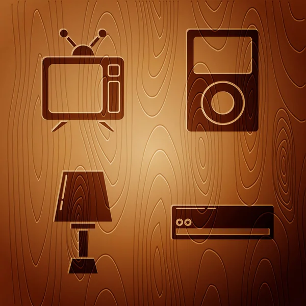 Set Klimaanlage Fernseher Tischlampe Und Musikanlage Auf Holzhintergrund Vektor — Stockvektor