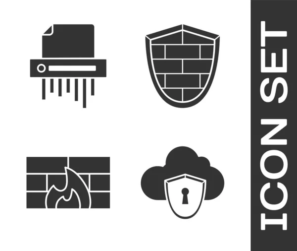 Definir Nuvem Escudo Papel Triturador Confidencial Firewall Parede Segurança Escudo — Vetor de Stock