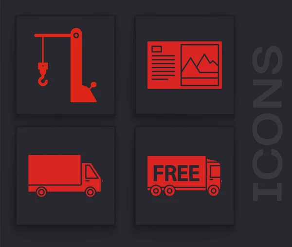 Set Free delivery service , Harbor port crane, Postcard  and Delivery cargo truck vehicle  icon. Vector