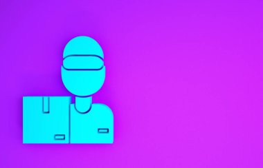 Mor arka planda karton kutu ikonu olan mavi teslimatçı. Kuryeyle kapı kapı dolaşacağız. Minimalizm kavramı. 3d illüstrasyon 3d canlandırma