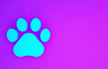 Mavi Pençe yazdırma simgesi mor arkaplanda izole edildi. Köpek ya da kedi pençesi izi. Hayvan izleri. Minimalizm kavramı. 3d illüstrasyon 3B canlandırma