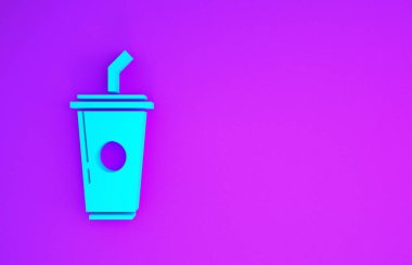 Mor arka planda izole edilmiş pipet ve su ikonu içen mavi kağıt bardak. Soda bardağı. Taze soğuk içecek sembolü. Minimalizm kavramı. 3d illüstrasyon 3B canlandırma