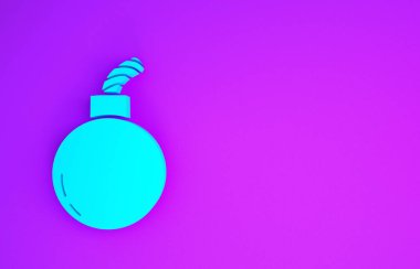 Mavi Bomba, mor arka planda izole edilmiş ikonu patlatmaya hazır. Minimalizm kavramı. 3d illüstrasyon 3B canlandırma