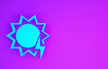 Mor arkaplanda mavi güneş enerjisi simgesi izole edildi. Yıldırım sembollü güneş. Minimalizm kavramı. 3d illüstrasyon 3d canlandırma