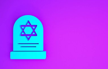 Mavi Tombstone ve mor arka planda David ikonu var. Yahudi mezar taşı. Mezar taşı simgesi. Minimalizm kavramı. 3d illüstrasyon 3B canlandırma