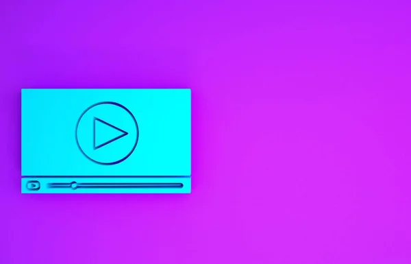 Blue Online play video icon isolated on purple background. Film strip with play sign. Minimalism concept. 3d illustration 3D render